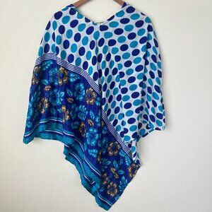 Darn Good Top Womens OS Blue Polka Dot Boho Hippie Festival Kaftan Silk Poncho
